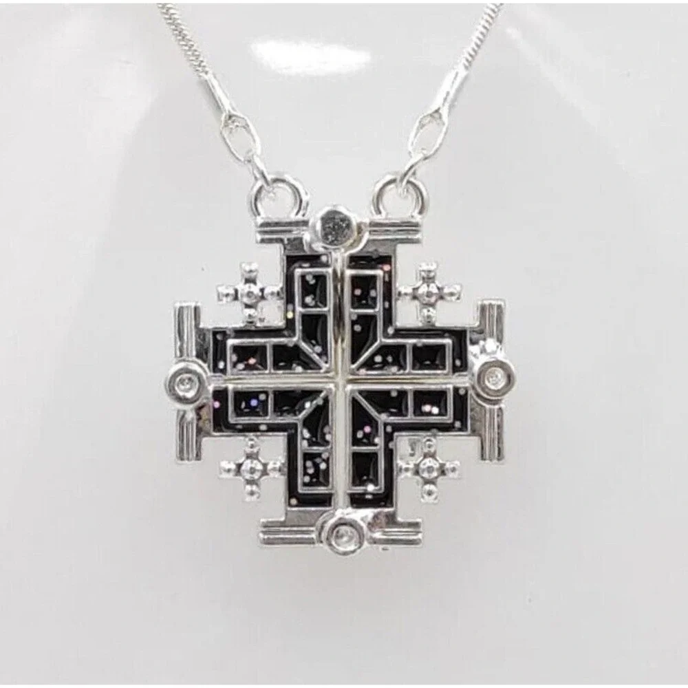 925 Silver Jerusalem Cross Necklace Open Pendant Holy Chain Christian Jewelry